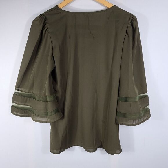 Light Olive V-Neck Mesh-Stripe Bell Sleeve Top - Picture 4 of 8